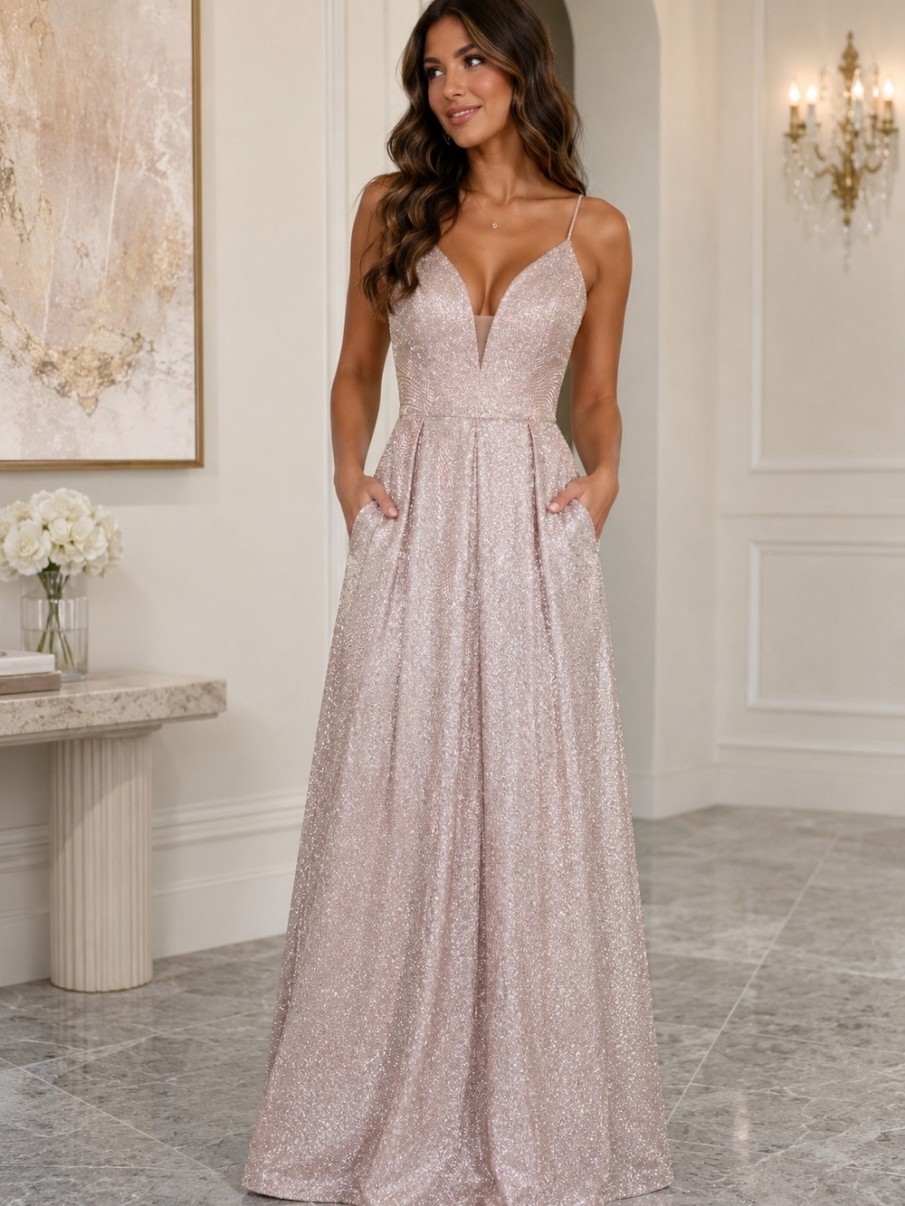 Crystal Doll Shimmer Blush Pink Glitter Maxi Formal Dress 5 Jr Xs Sm Prom Pocket